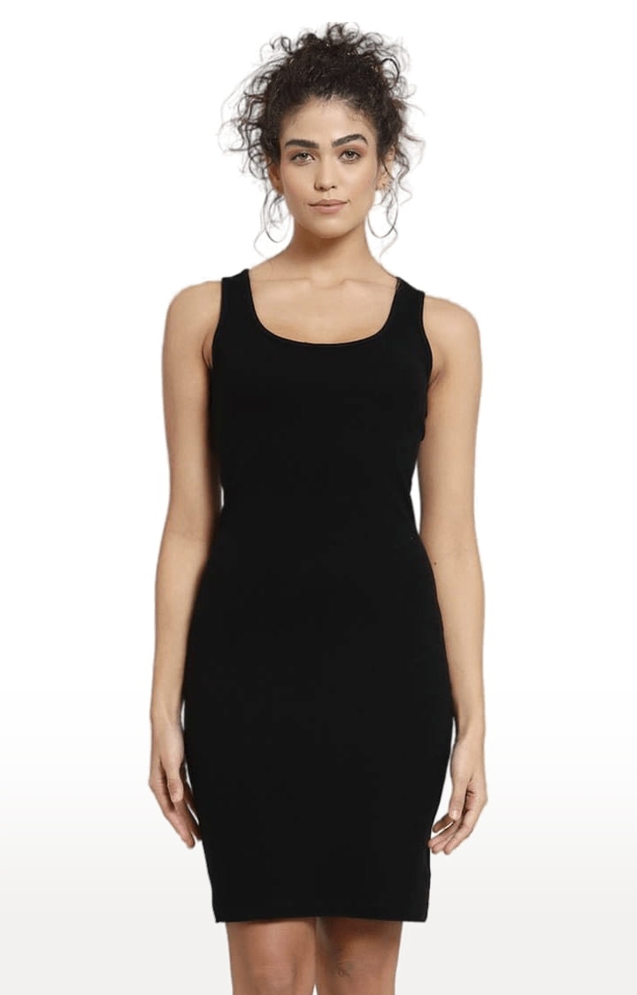 Women's Black Cotton Solid Bodycon Dress