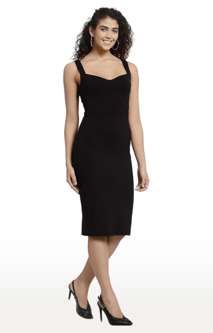 Women's Black Cotton Solid Bodycon Dress