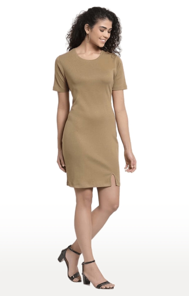 Women's Khaki Cotton Solid Bodycon Dress