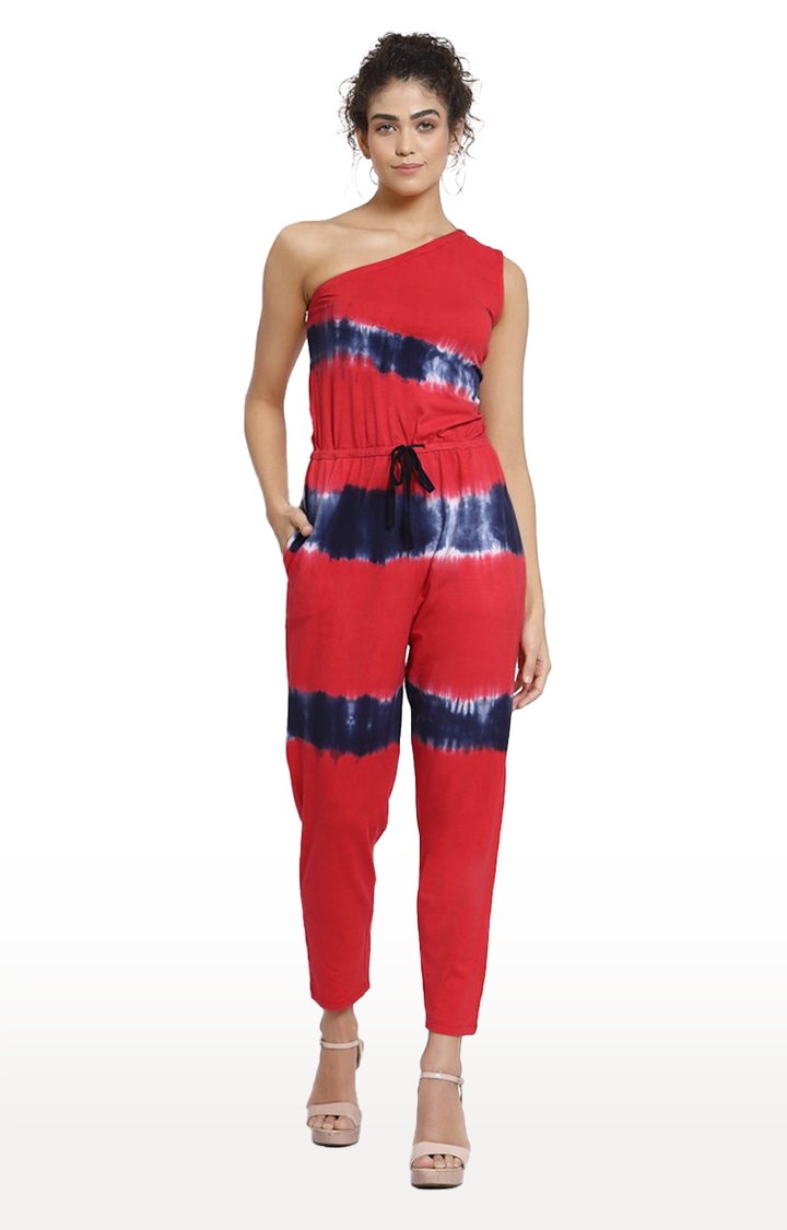 Women's Red Cotton Printed Jumpsuit