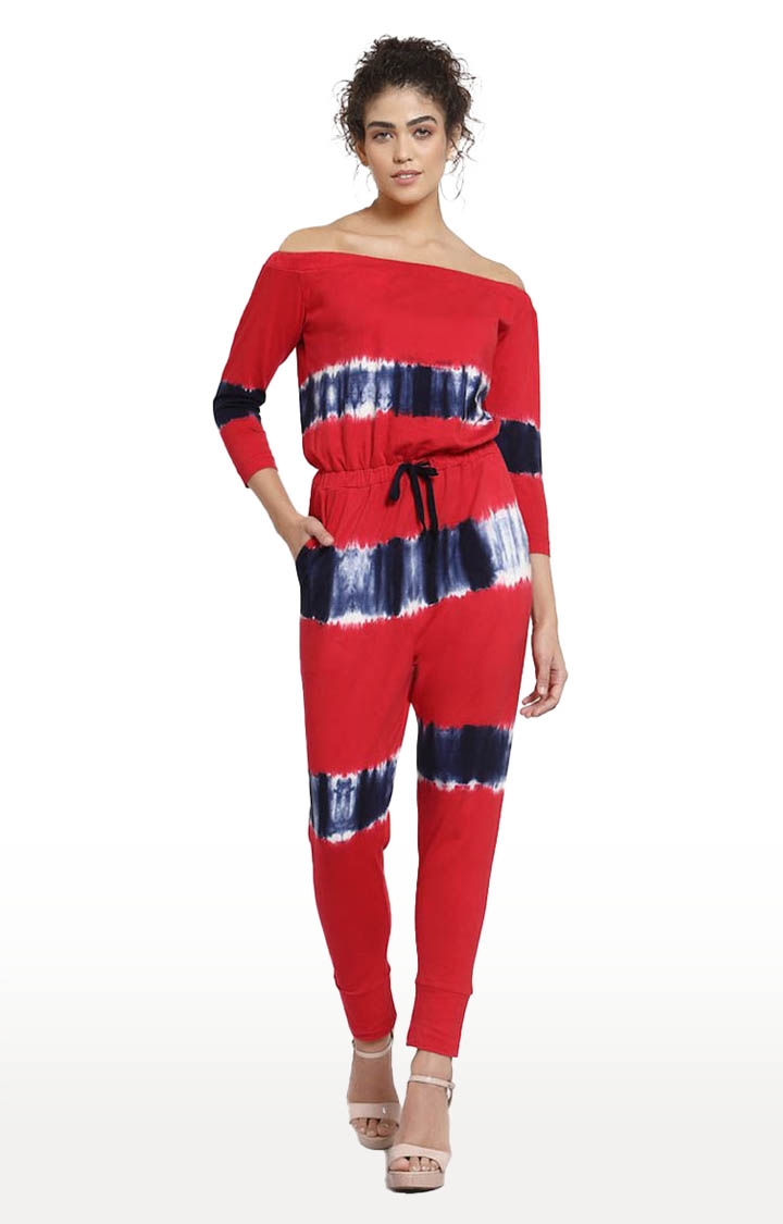Women's Red Cotton Printed Jumpsuit