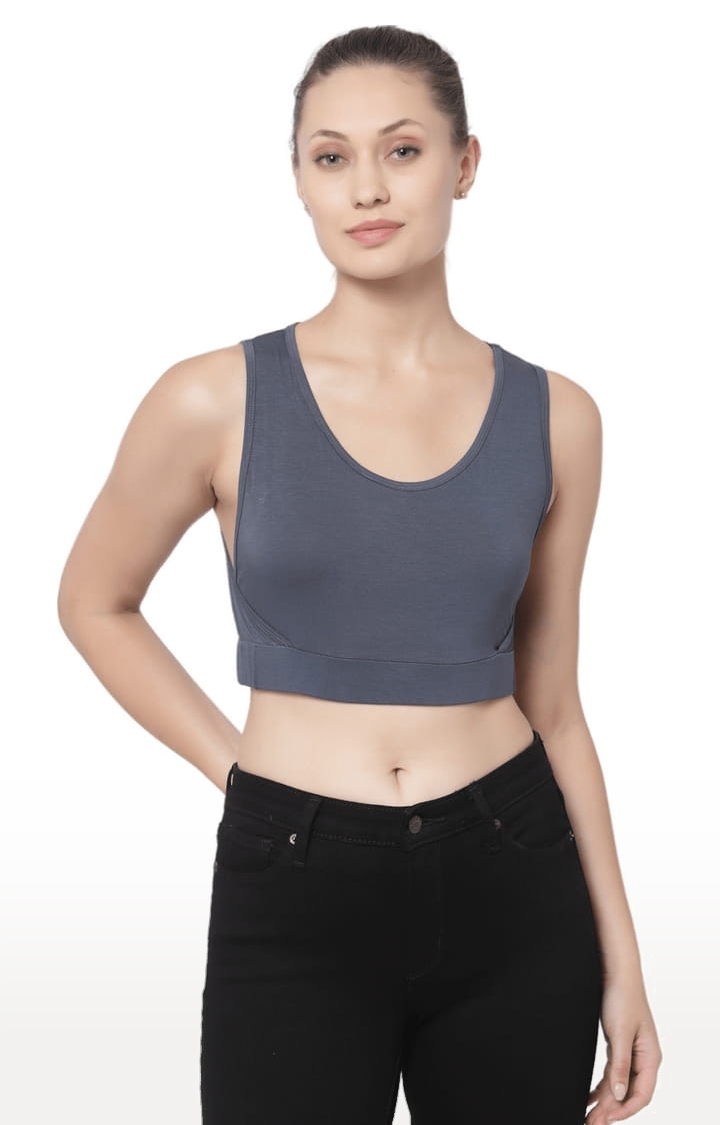 YOONOY | Women's Grey Cotton Blend Solid Activewear Crop Tops