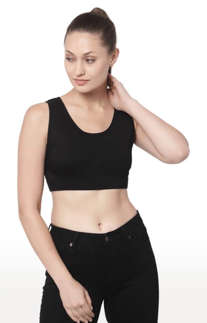 Women's Black Cotton Blend Solid Activewear Crop Tops
