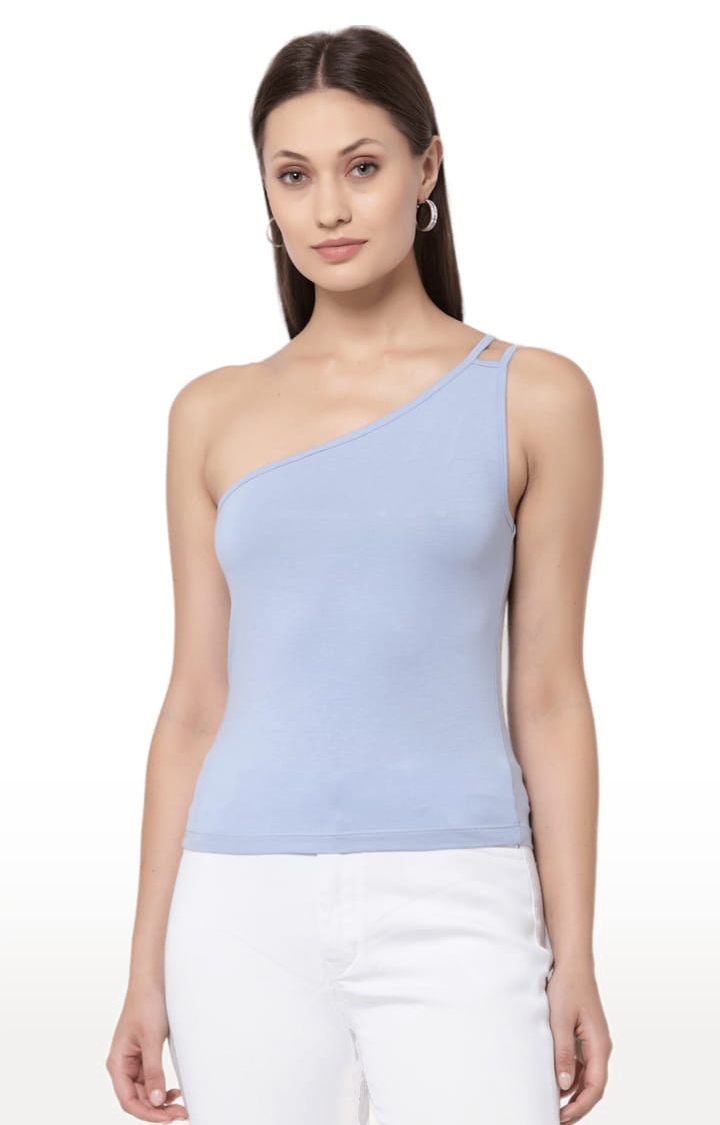 Women's Blue Cotton Blend Solid Strappy Top