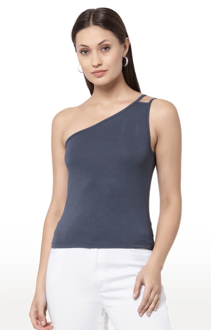 Women's Grey Cotton Blend Solid Strappy Top