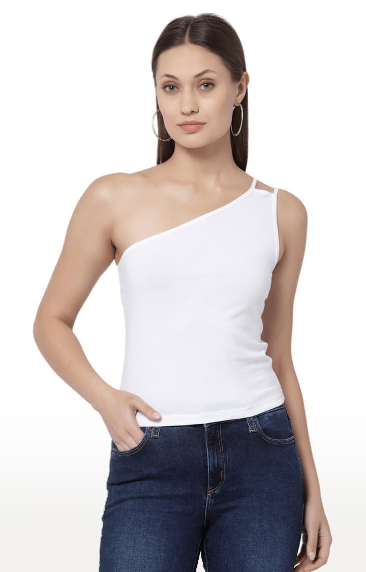Women's White Cotton Blend Solid Strappy Top