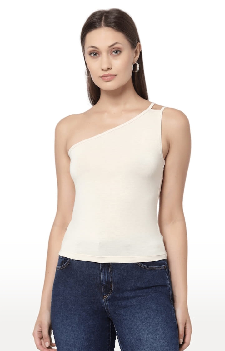 Women's Beige Cotton Blend Solid Strappy Top