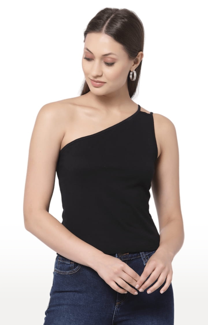 Women's Black Cotton Blend Solid Strappy Top