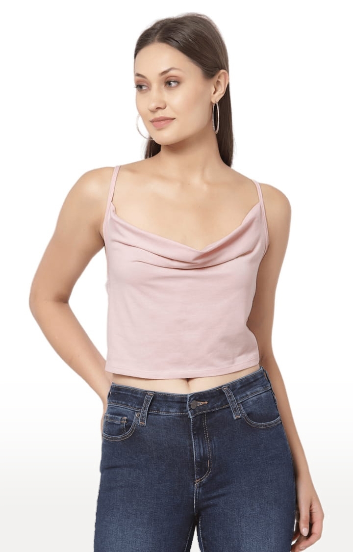 Women's Pink Cotton Blend Solid Strappy Top