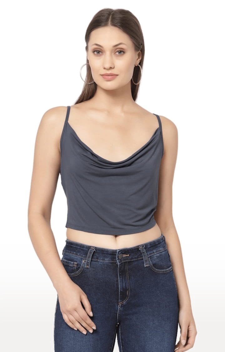 Women's Grey Cotton Blend Solid Strappy Top