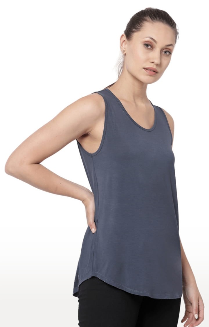 Women's Grey Cotton Blend Solid Activewear Tank Tops