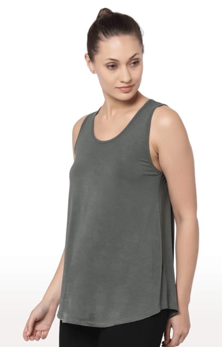 Women's Olive Green Cotton Blend Solid Activewear Tank Tops