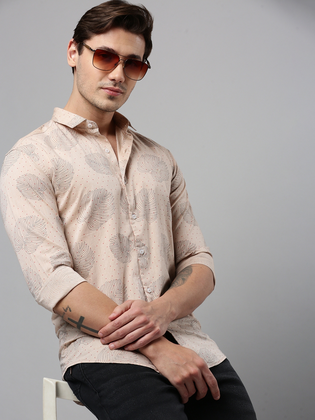 Showoff | SHOWOFF Men's Spread Collar Long Sleeves Printed Beige Shirt