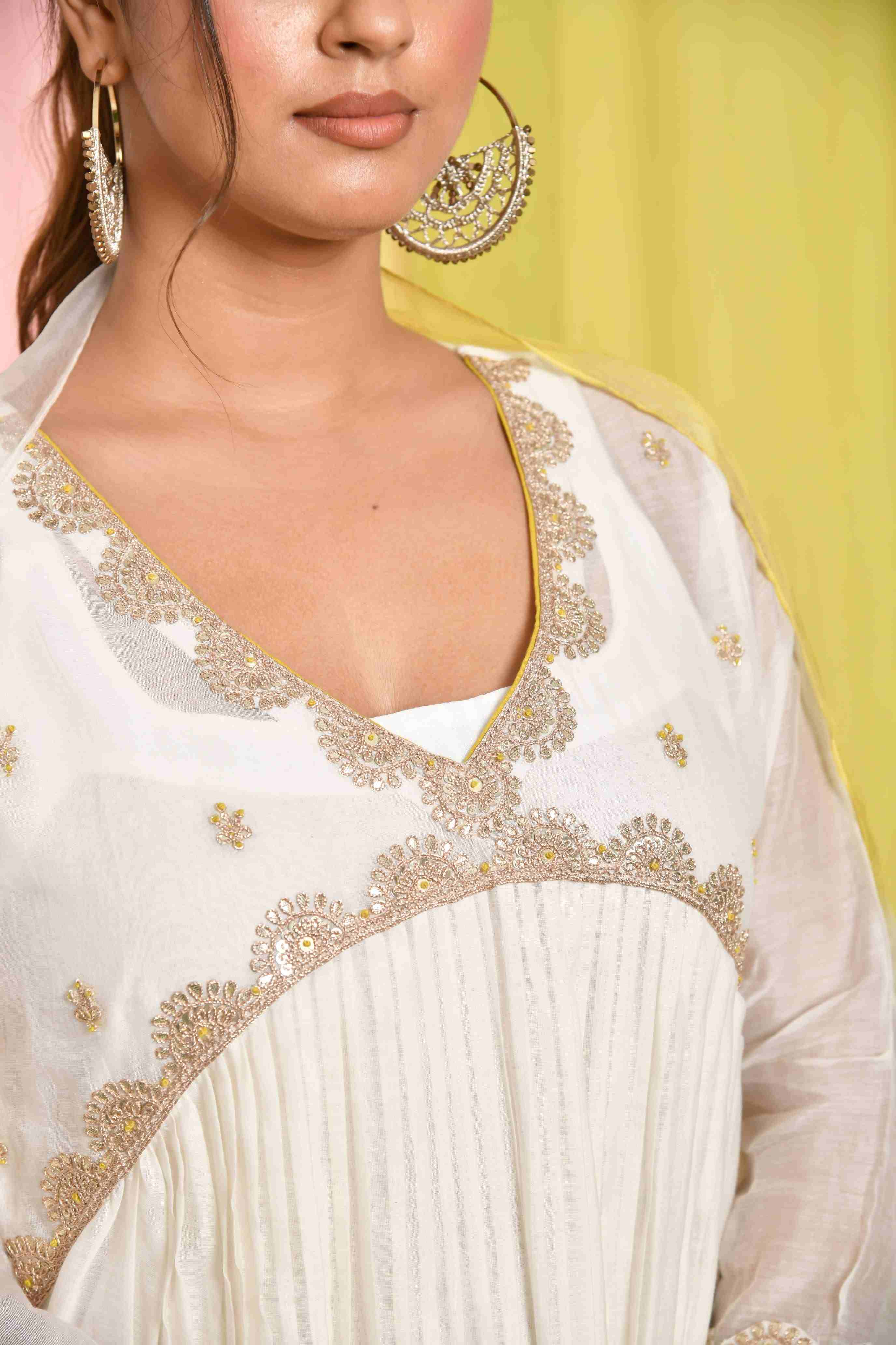 White V-Neck Chanderi Dress With Yellow Piping & Gota work