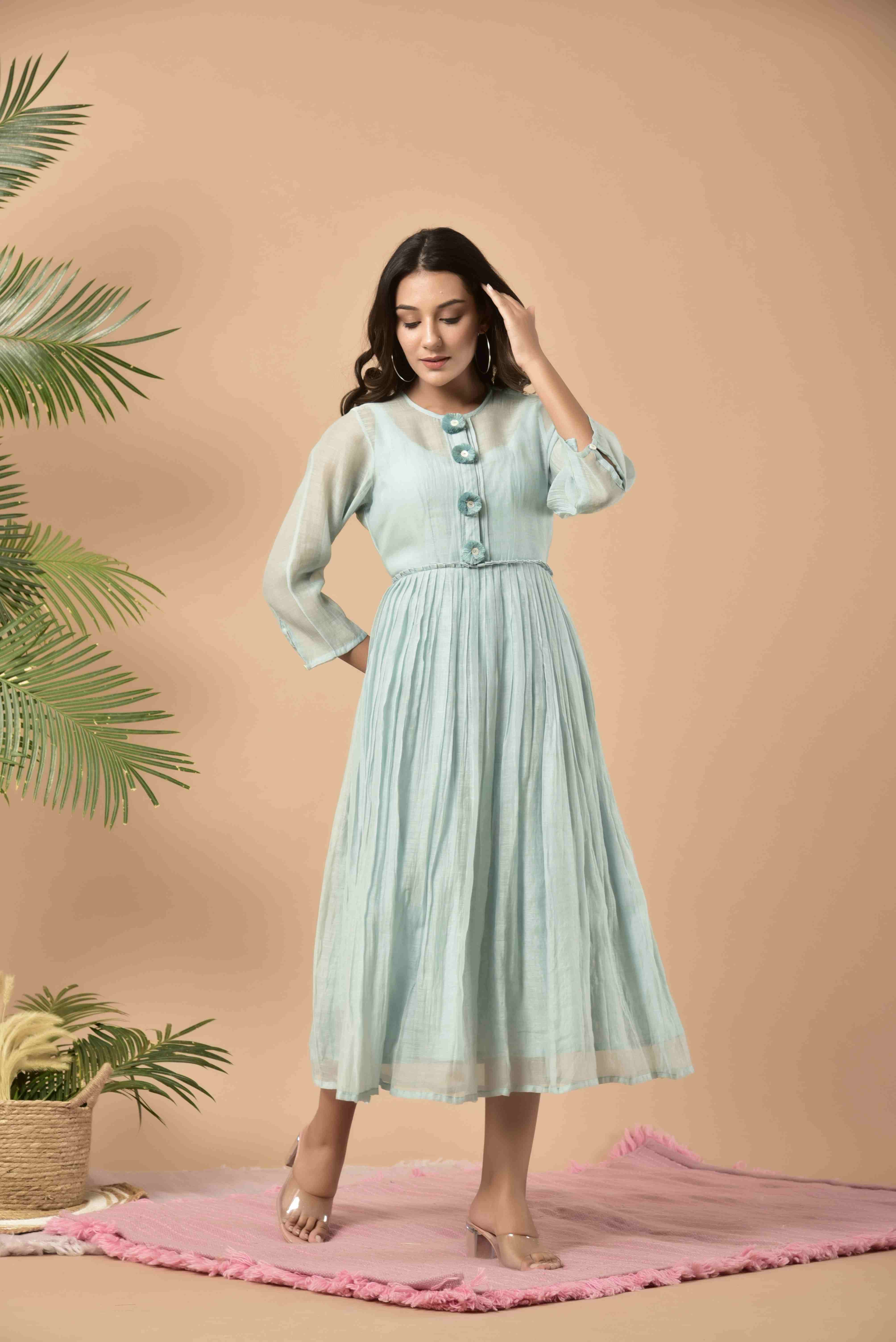 Blue chanderi dress with thread tassels on the yoke with the inner