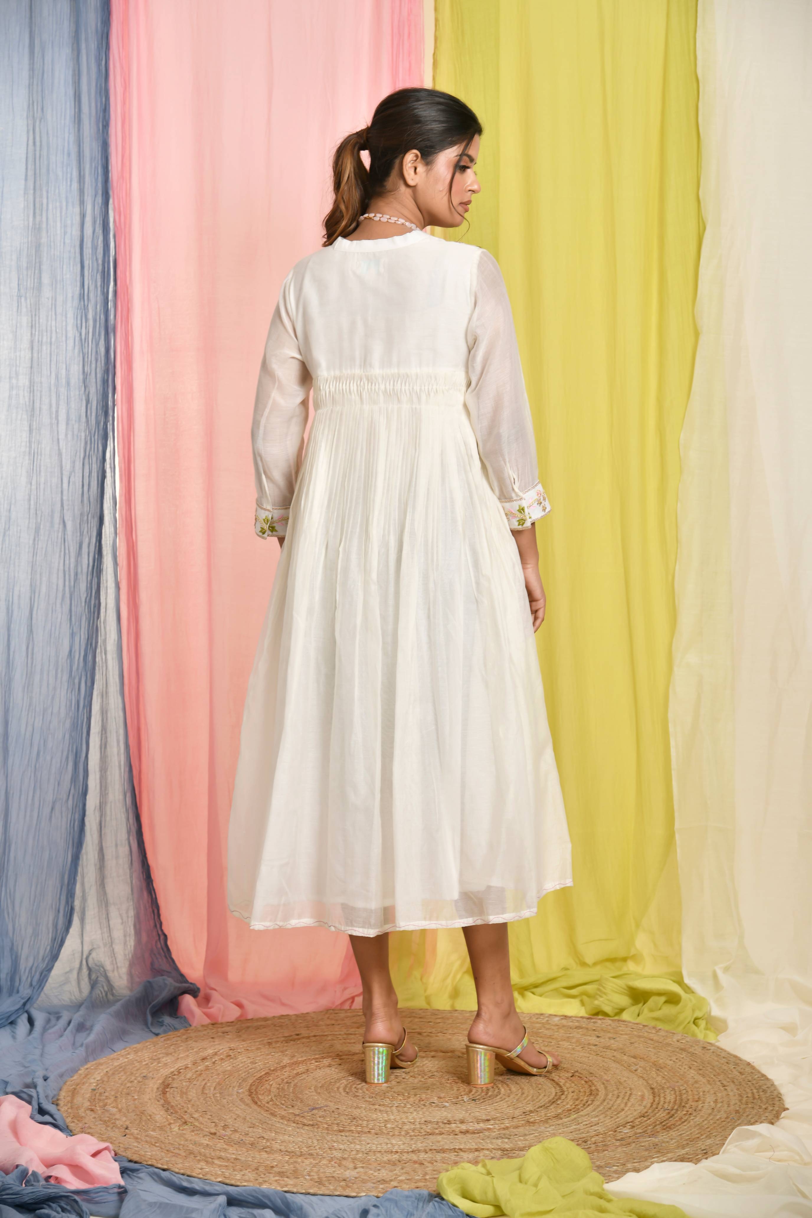 White Pleated Dress With Short Yoke