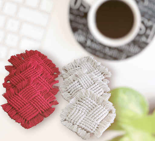 Soul for earth- macrame multicolor handmade cotton coaster/ table décor items macrame coaster/ cup coaster/ tea & coffee cup coaster Square Shaped Macrame, Set of 6 Piece (Red/white/blue/green)