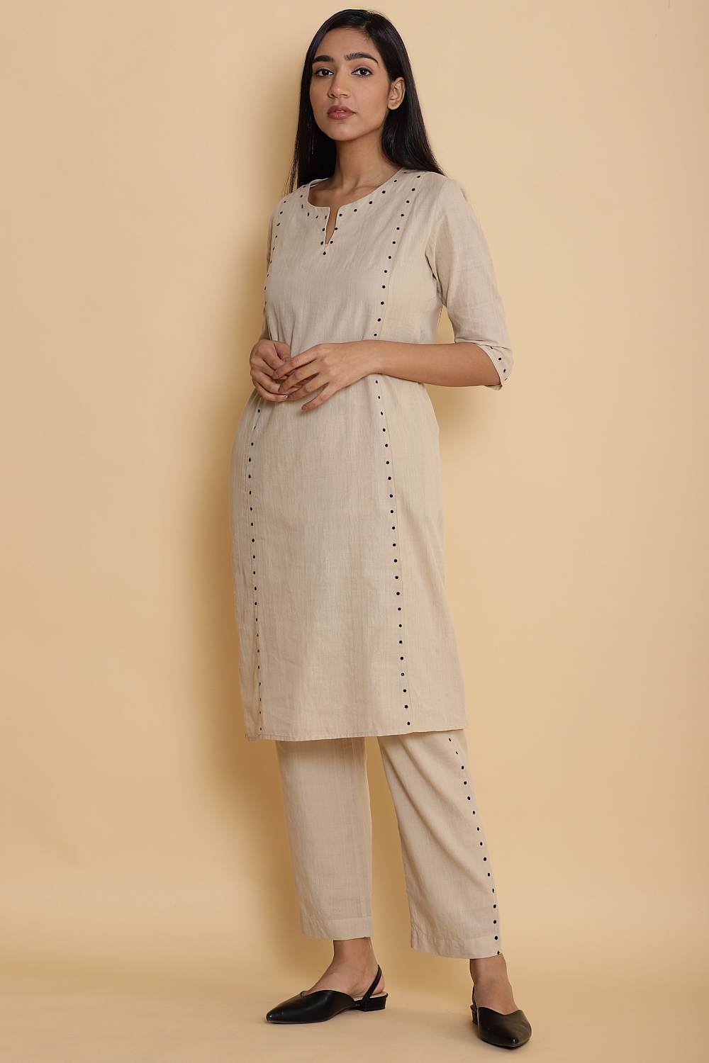 ABRAHAM AND THAKORE | Handwoven Side Dot Embroidered Dress