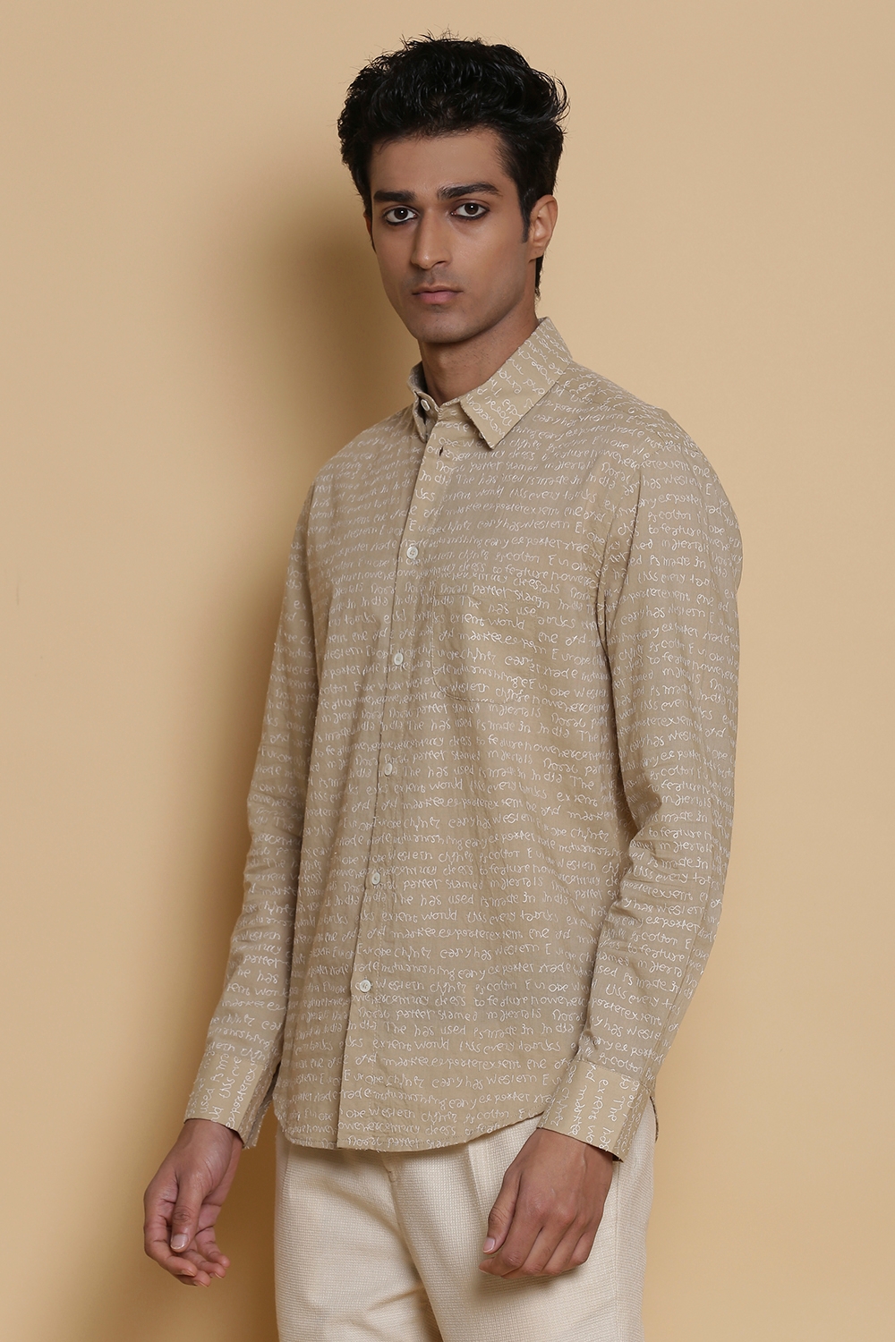 ABRAHAM AND THAKORE | Calligraphy Embroidered Regular-Fit Cotton Shirt