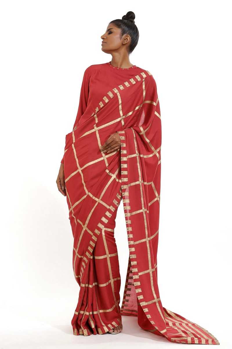 ABRAHAM AND THAKORE | Hand Block Printed Gold Check & Stripes With Stud