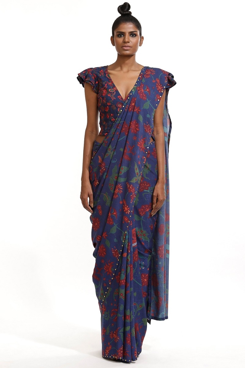 ABRAHAM AND THAKORE | Multi Color Floral Print With Metal Stud Border