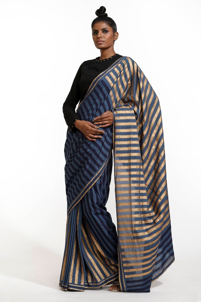 ABRAHAM AND THAKORE | Hand Block Printed Gold Navy Stripes With Metal Stud Border