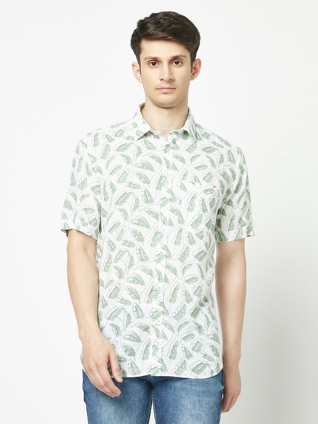 Crimsoune Club Men Green One-Line Floral Print Shirt