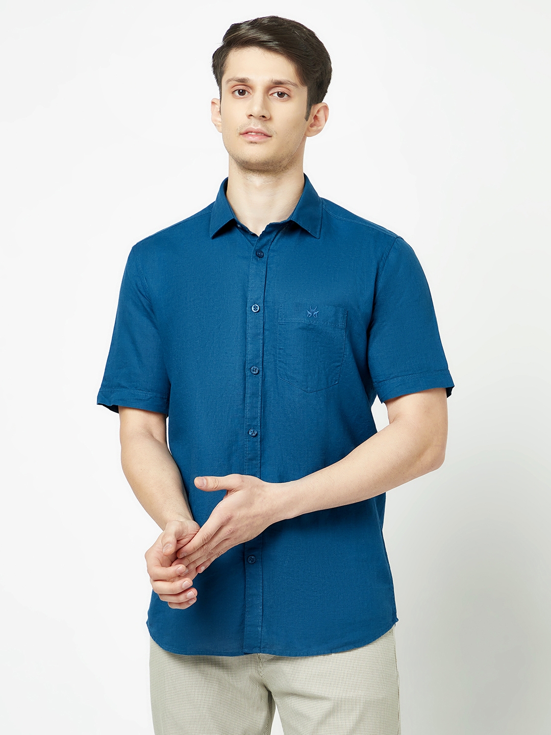 Crimsoune Club Men Plain Blue Short-Sleeved Shirt