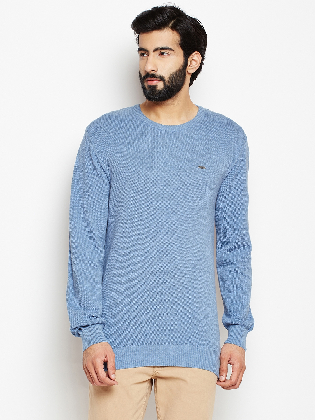 Crimsoune Club Men Blue Solid Round Neck Sweater