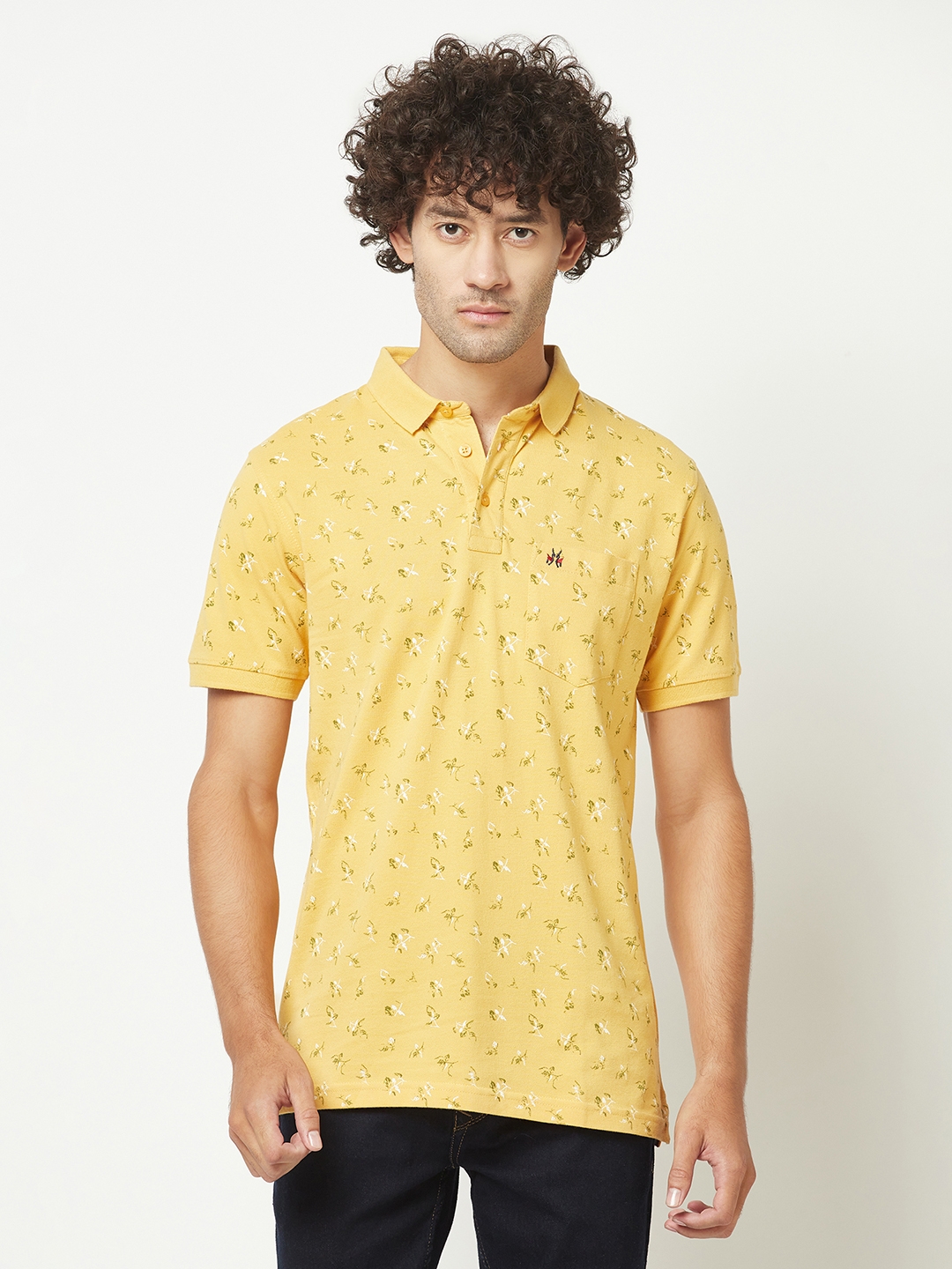 Crimsoune Club Mens Mustard Yellow Floral Polo T-Shirt