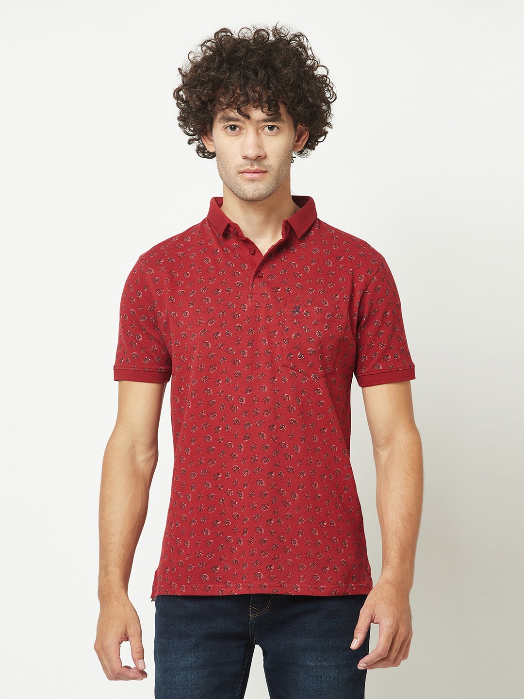 Crimsoune Club Mens Maroon Floral Print Polo T-Shirt