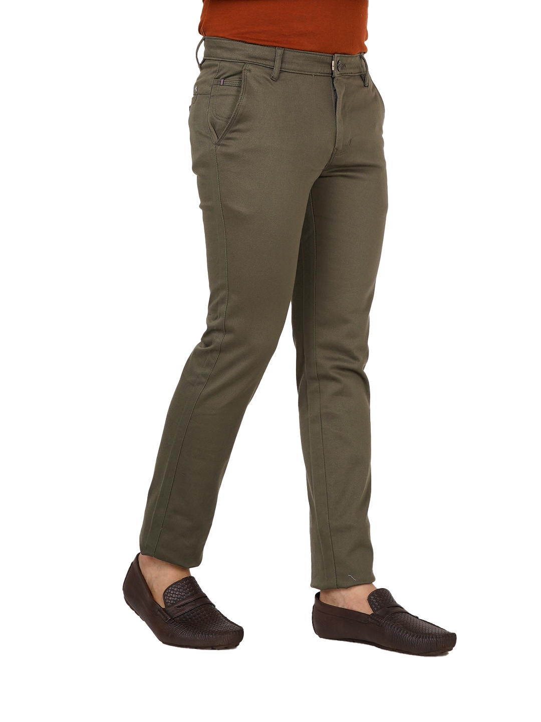 Regular Fit Solid Olive Green Cotton Pants  SKYTICK