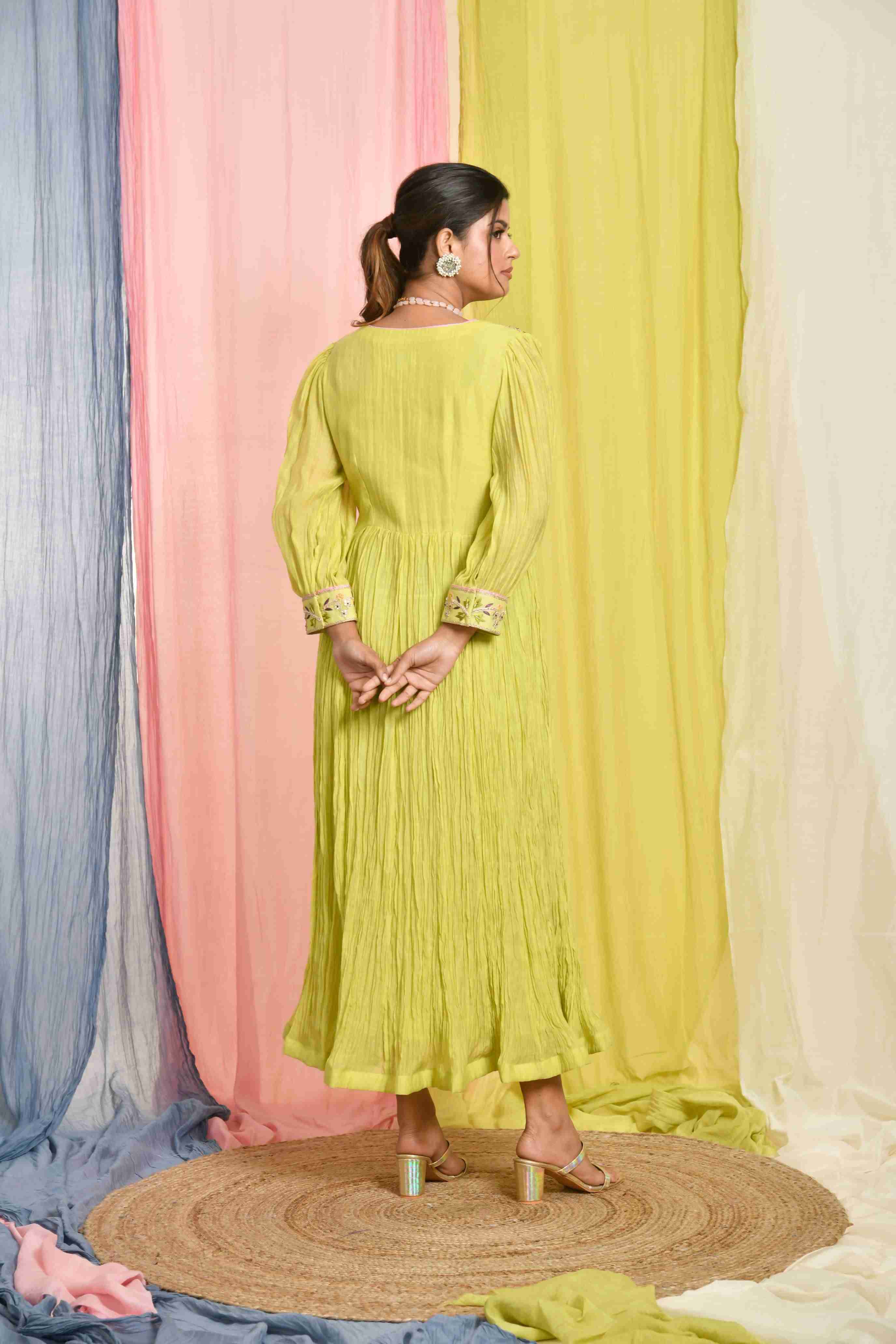Lime Green Gathered Dress With Hand Embroidery On The Yoke