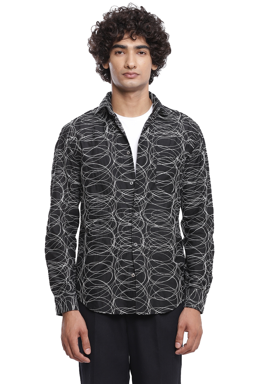 ABRAHAM AND THAKORE | Black Squiggle Embroidered Cotton Shirt