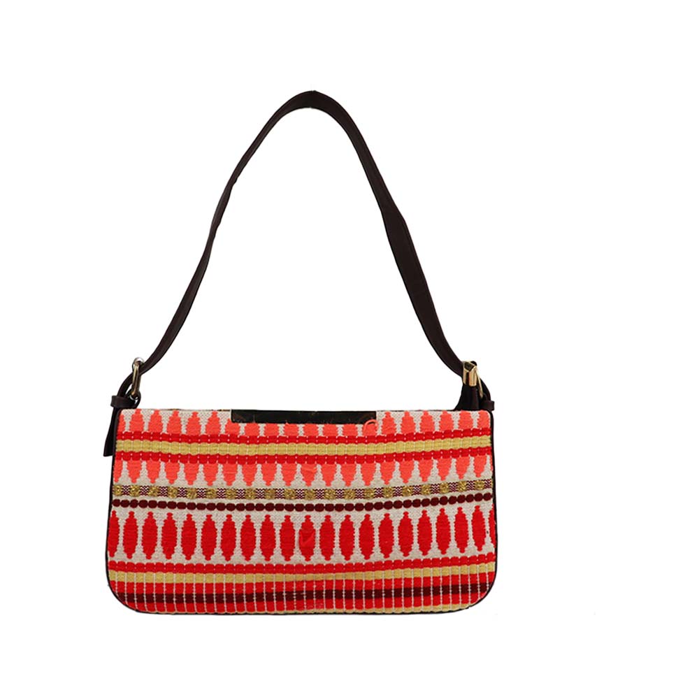 Stylish Red Colour Jacquard Cotton Handbag For Women