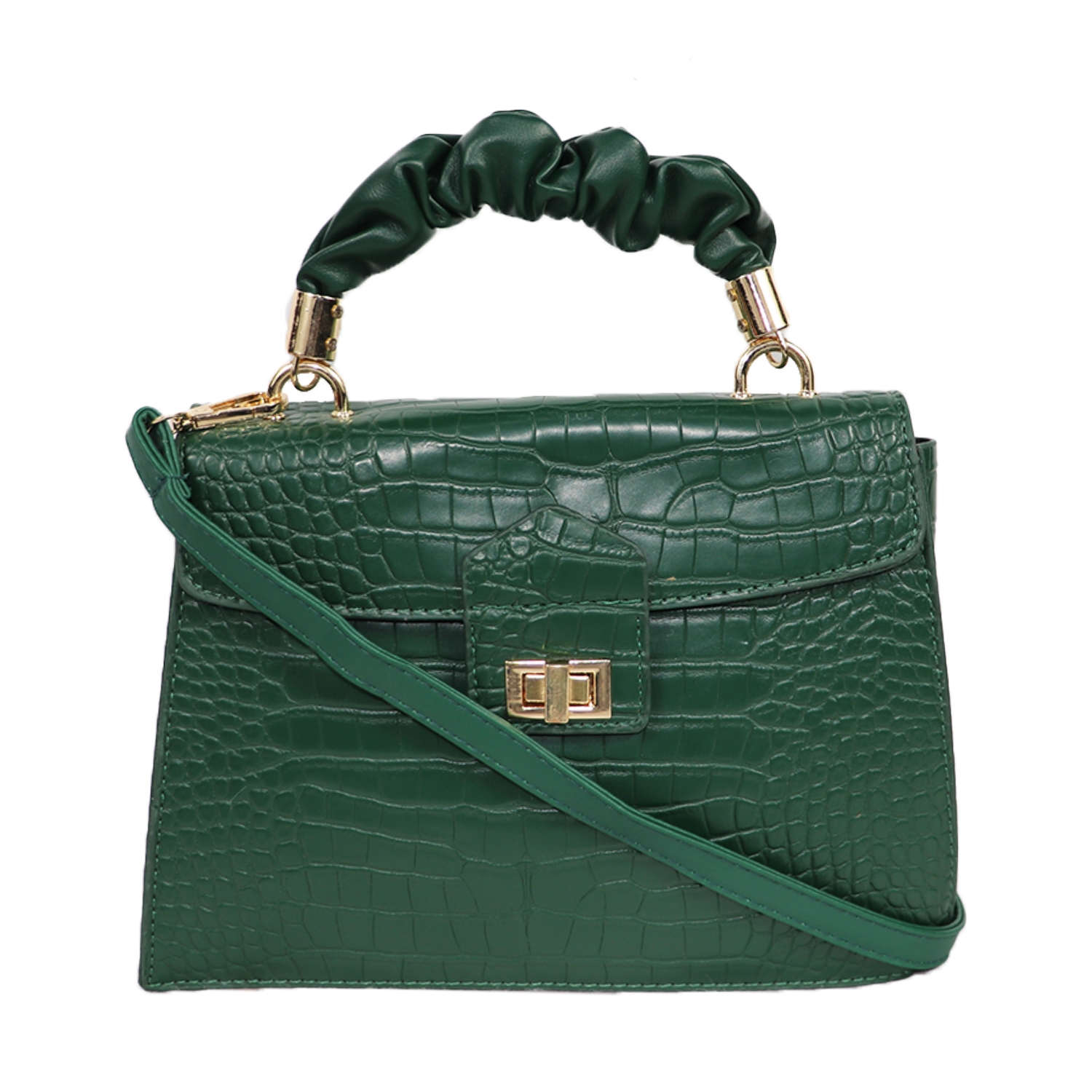 Green Solid Textured Satchel Bag