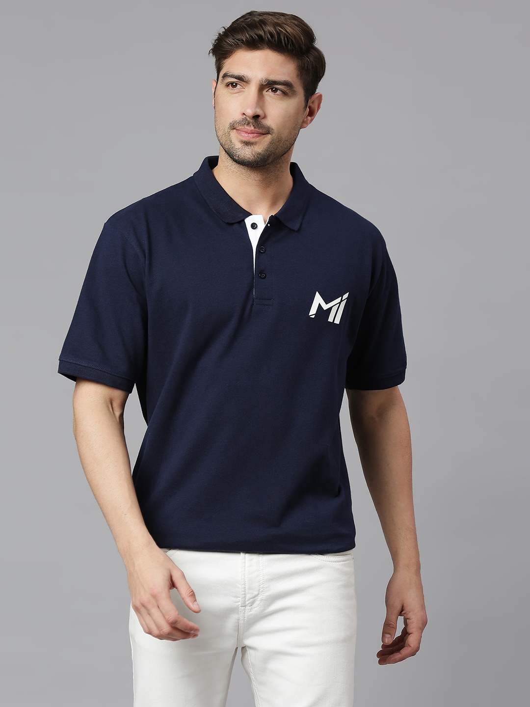 FANCODE | MI: Men Dark Blue Solid Polo Collar T-Shirt