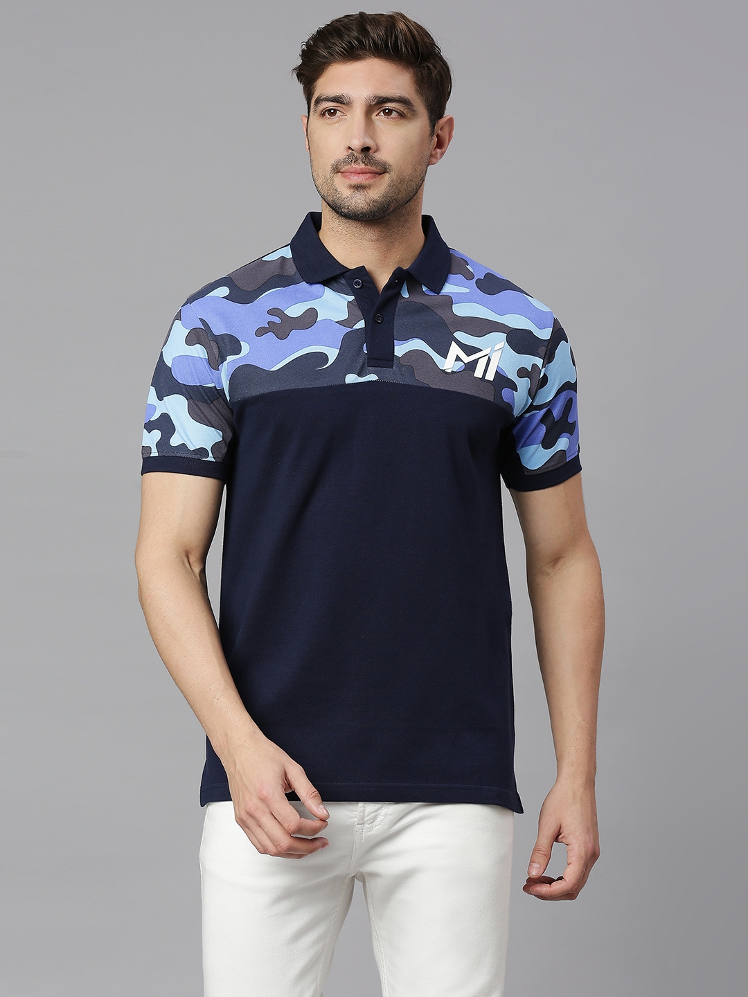 FANCODE | MI: Men Navy Blue Camouflage Colourblocked Polo Collar T-Shirt