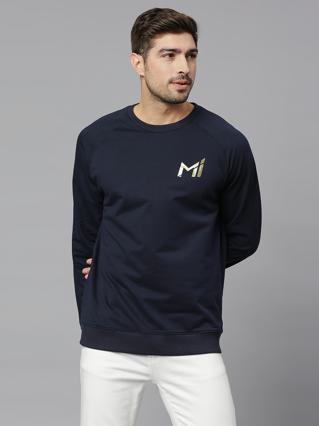 FANCODE | MI: Men Dark Blue Brand Logo Soild Round Neck Sweatshirt