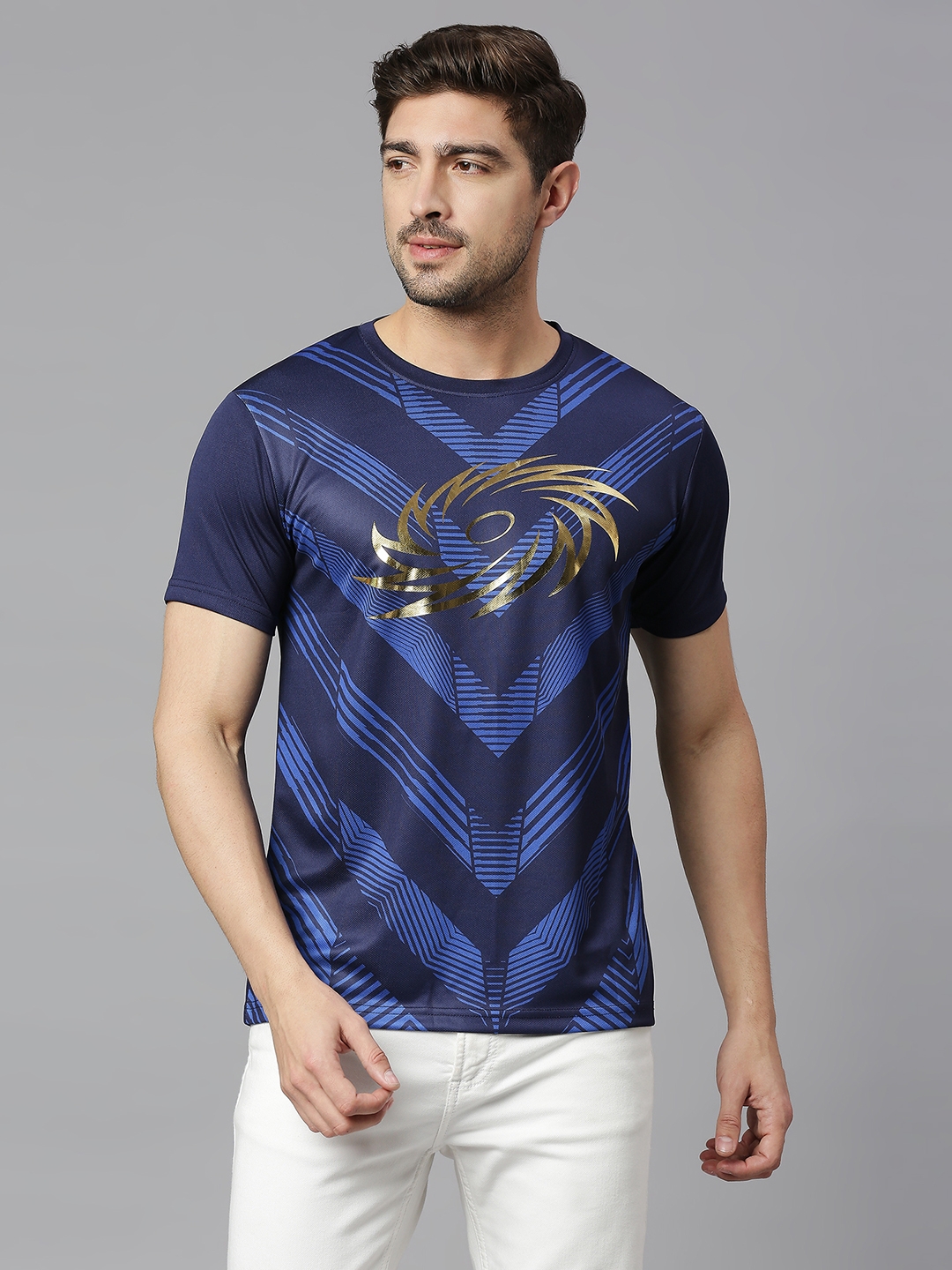 FANCODE | MI: Men Navy Blue Graphic Printed Round Neck T-Shirt