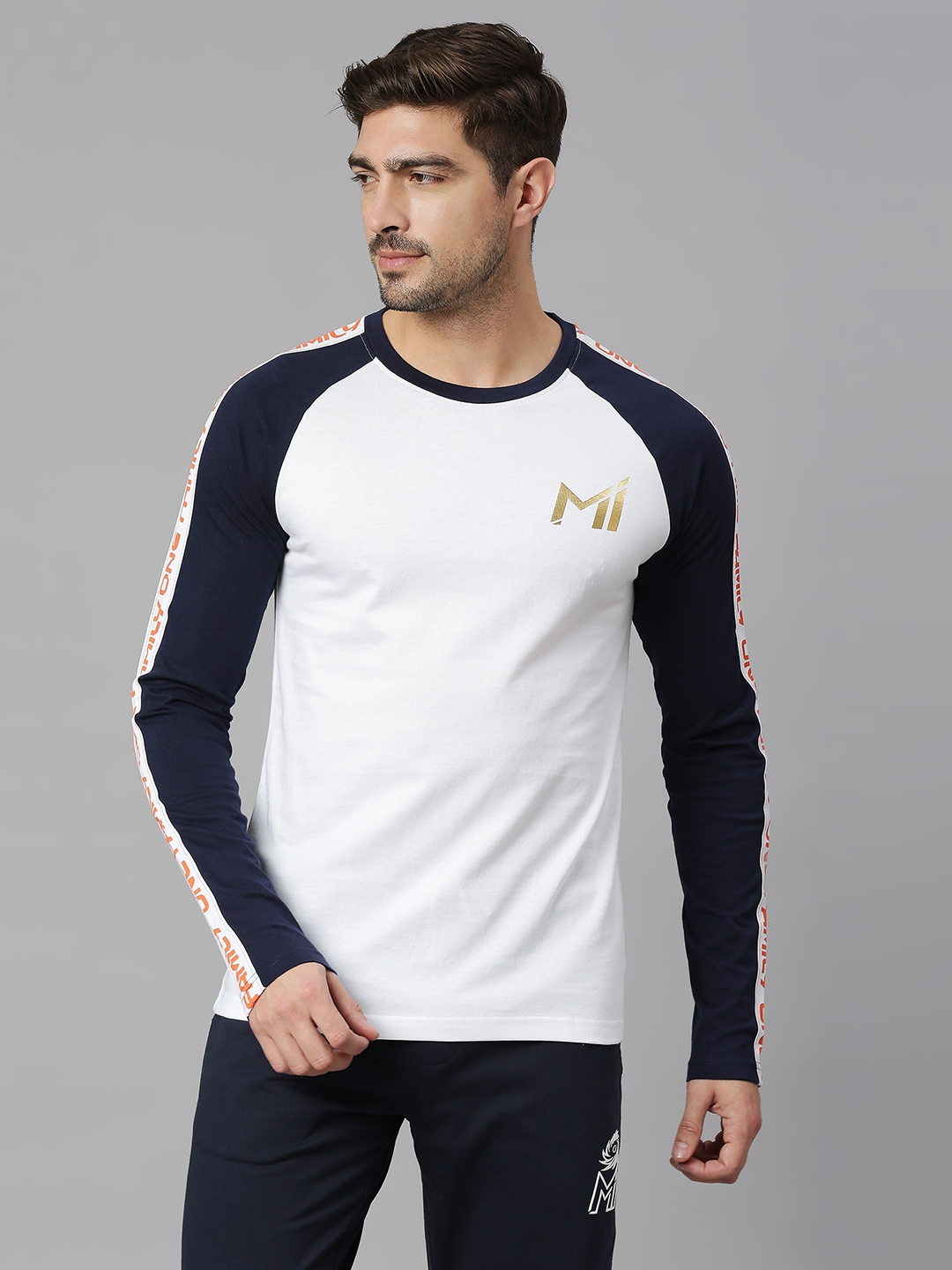 FANCODE | MI: Men White Brand Logo Printed Round Neck T-Shirt