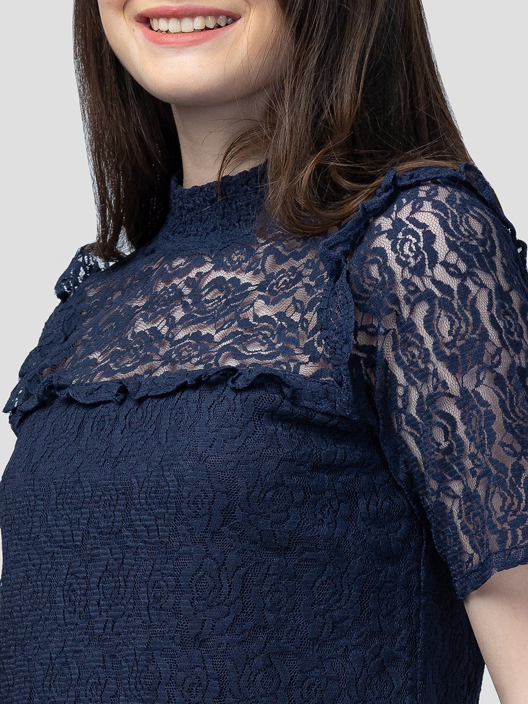Globus Women Navy Self Design Round Neck Lace Top