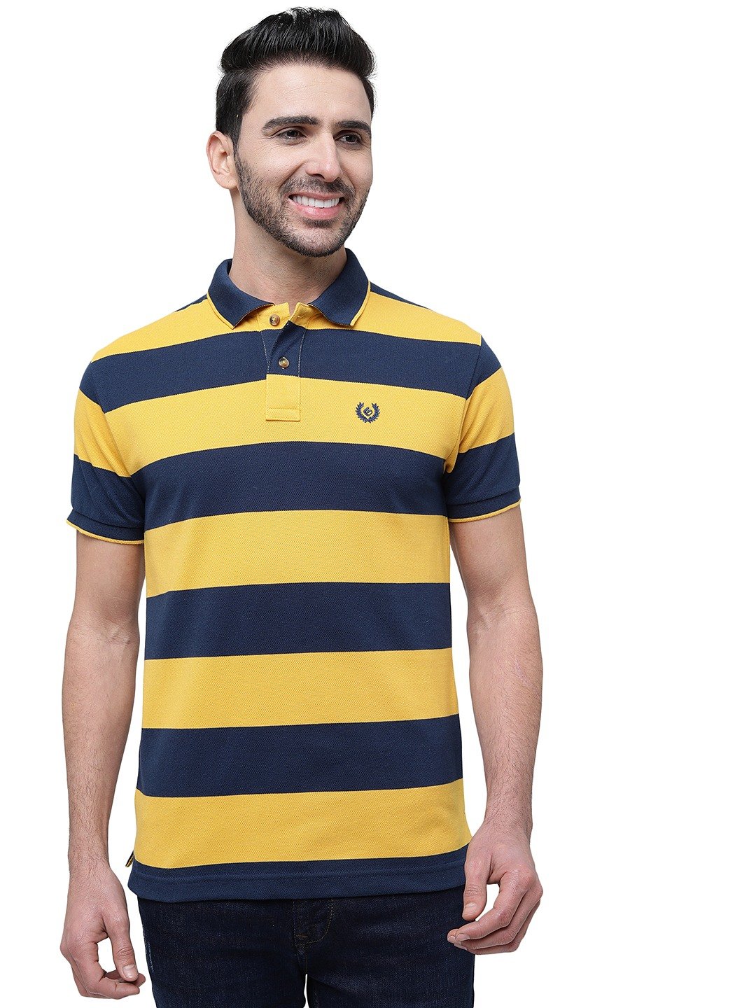 Yellow & Navy Blue Striped Slim Fit Polo T-Shirt | Greenfibre