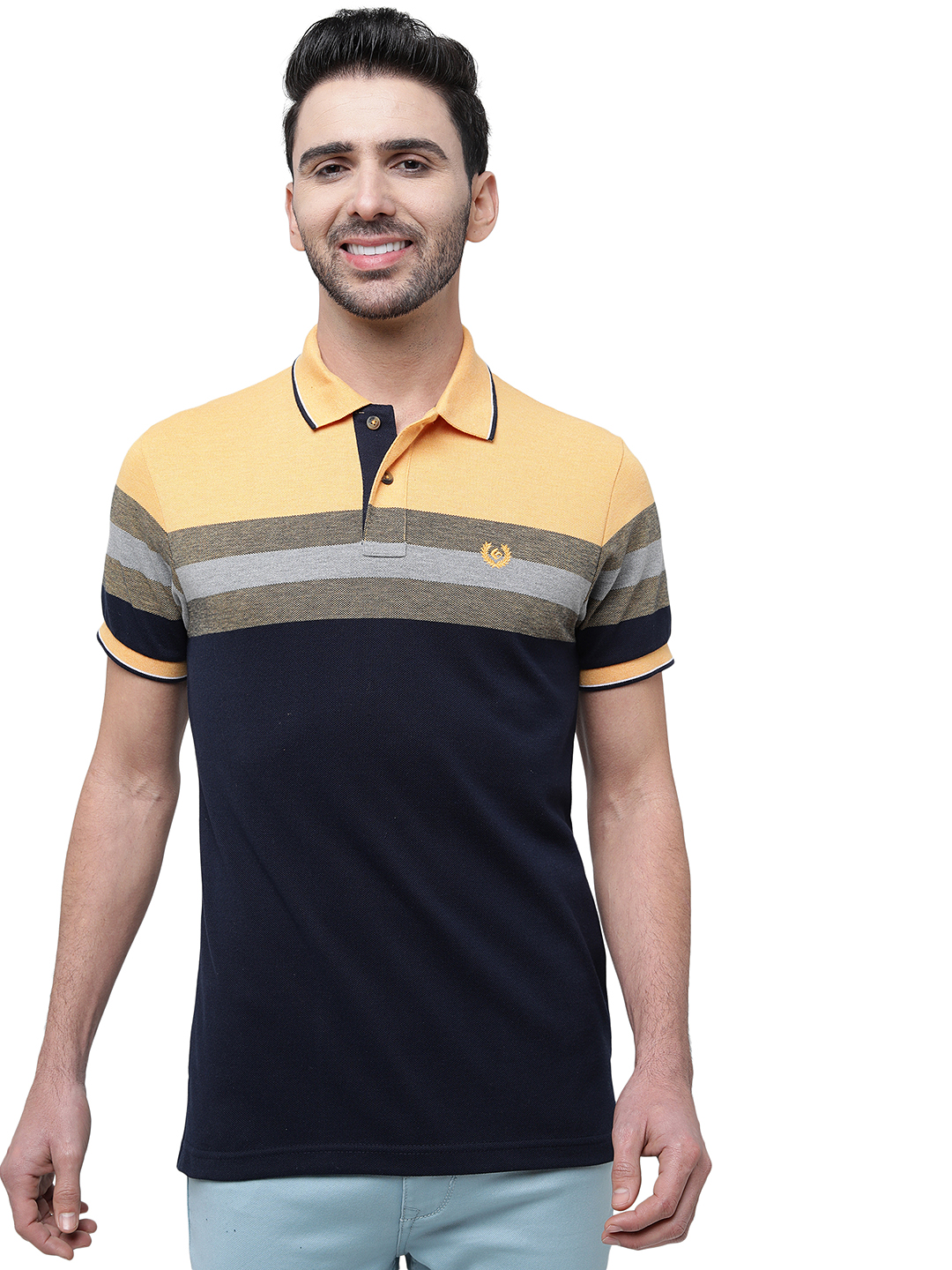 Yellow & Grey Striped Slim Fit Polo T-Shirt | Greenfibre