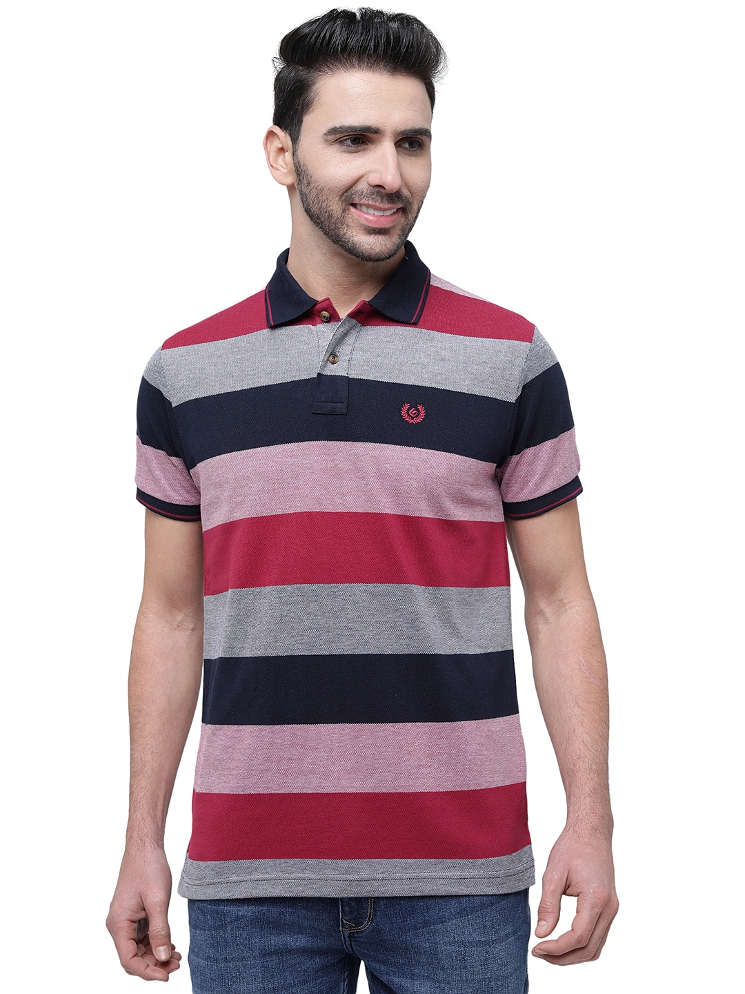 Purple & Navy Blue Striped Slim Fit Polo T-Shirt | Greenfibre