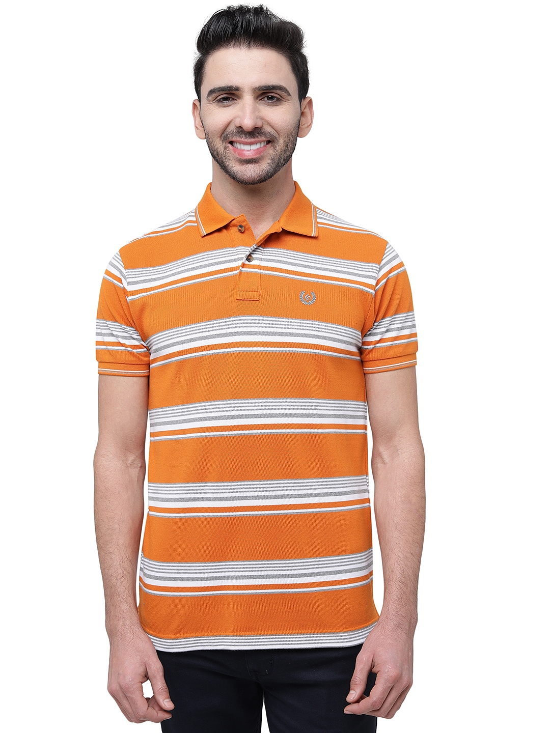 Orange & White Striped Slim Fit Polo T-Shirt | Greenfibre