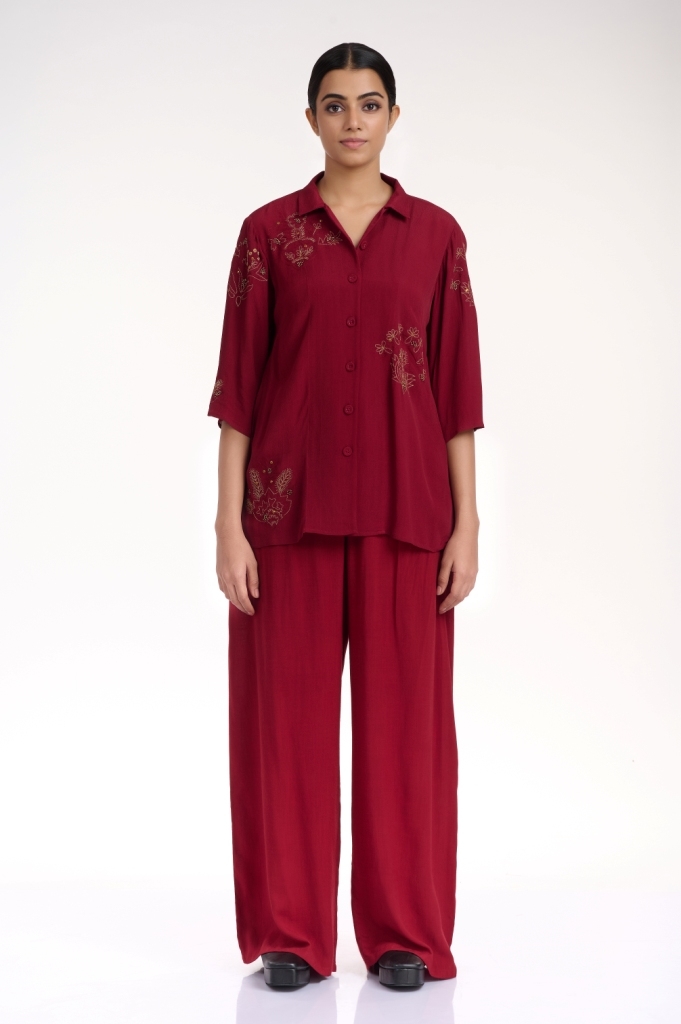 ABRAHAM AND THAKORE | Burgundy Gold Floral Embroidered Top