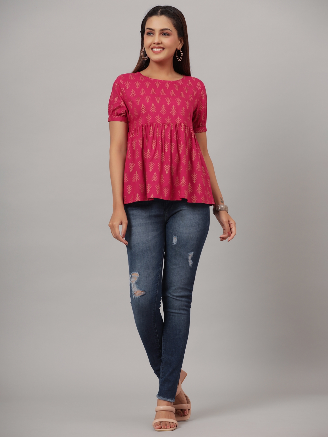 Red Rayon Embroidery Gathered Top