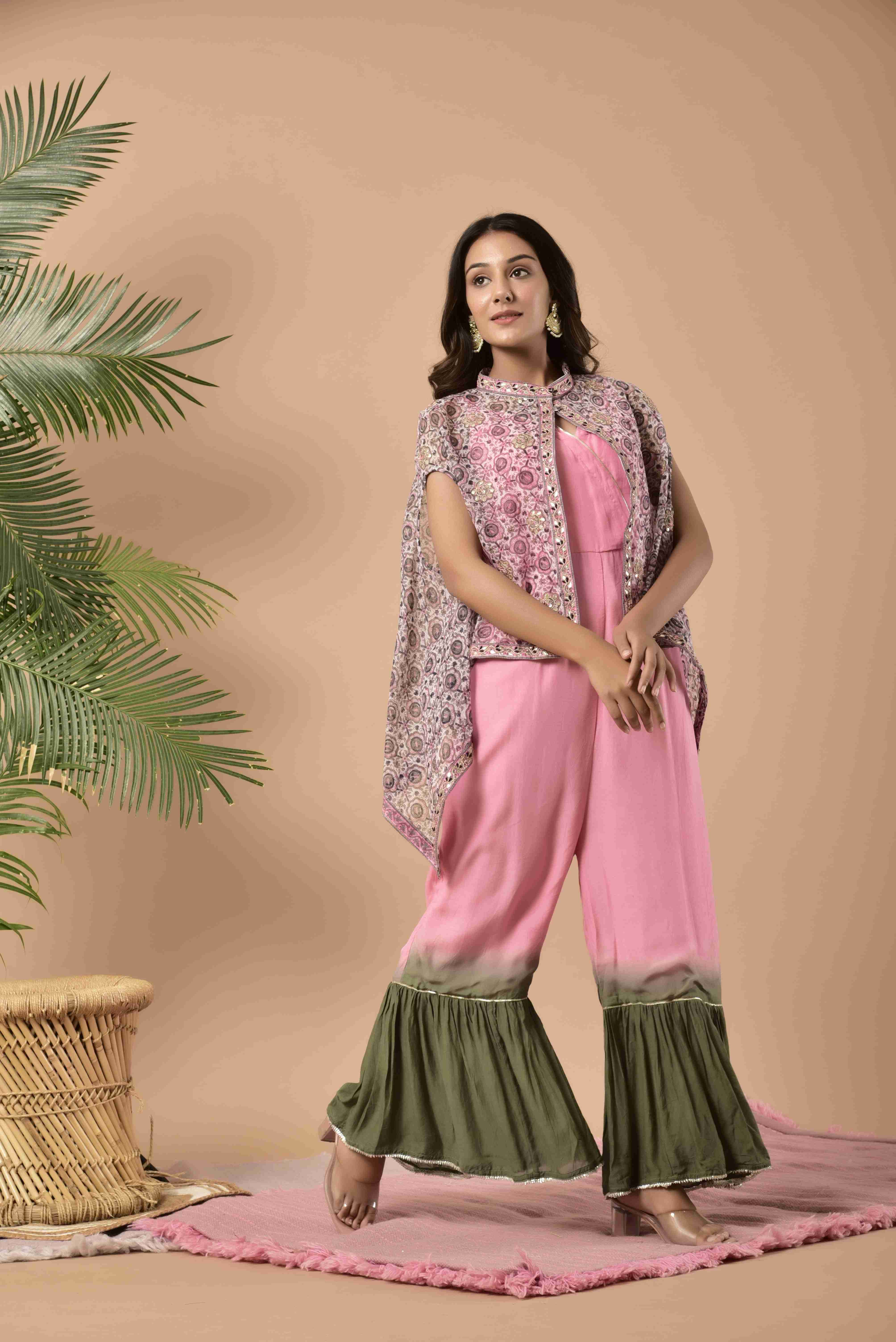 Pink circle a- symmetrical kota doria jacket with muslin jumpsuit highlighted border