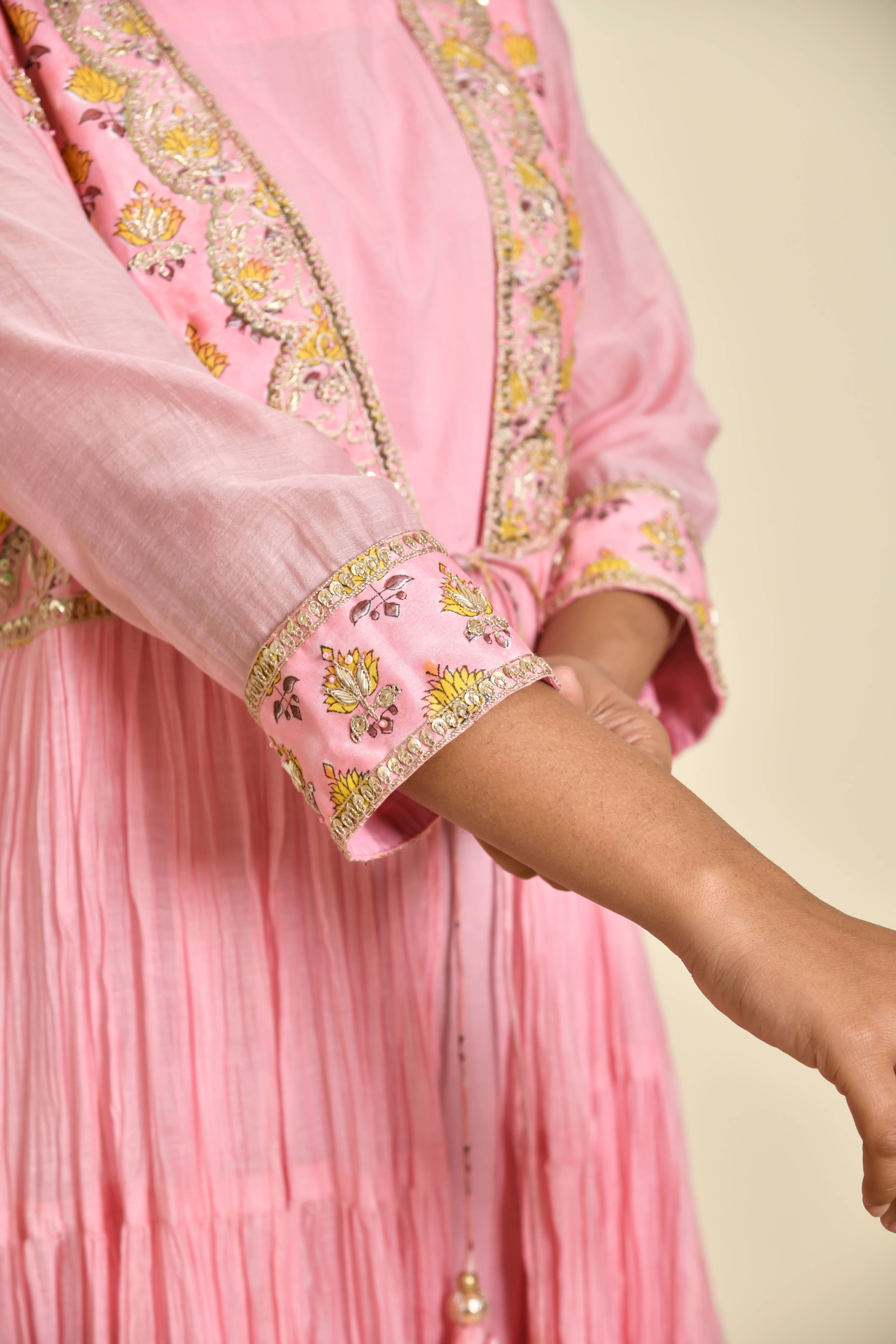 Block Printed Pink Chanderi Dress With Tassels
